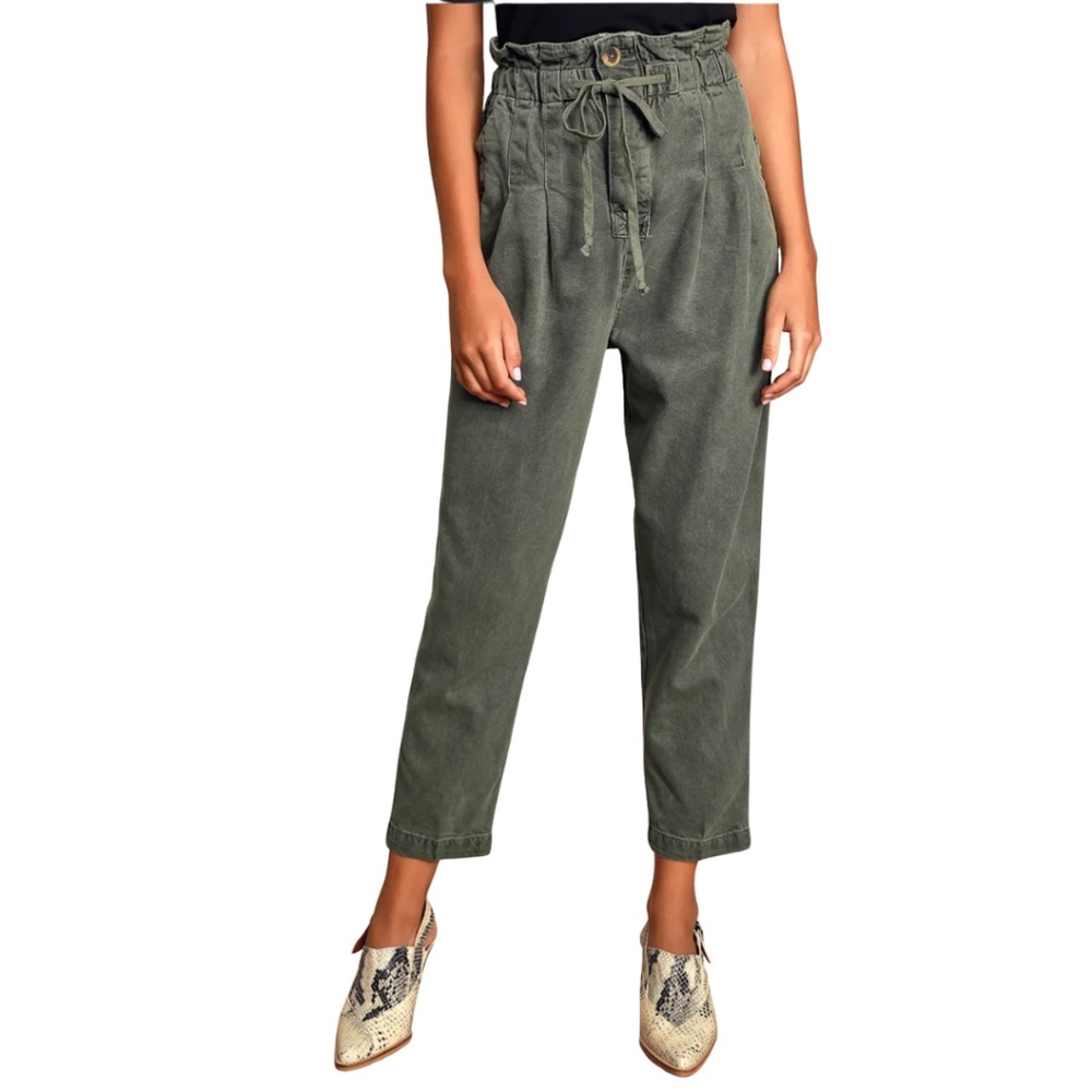 Free People Olive Green Paperbag Waist Pleated Trouser